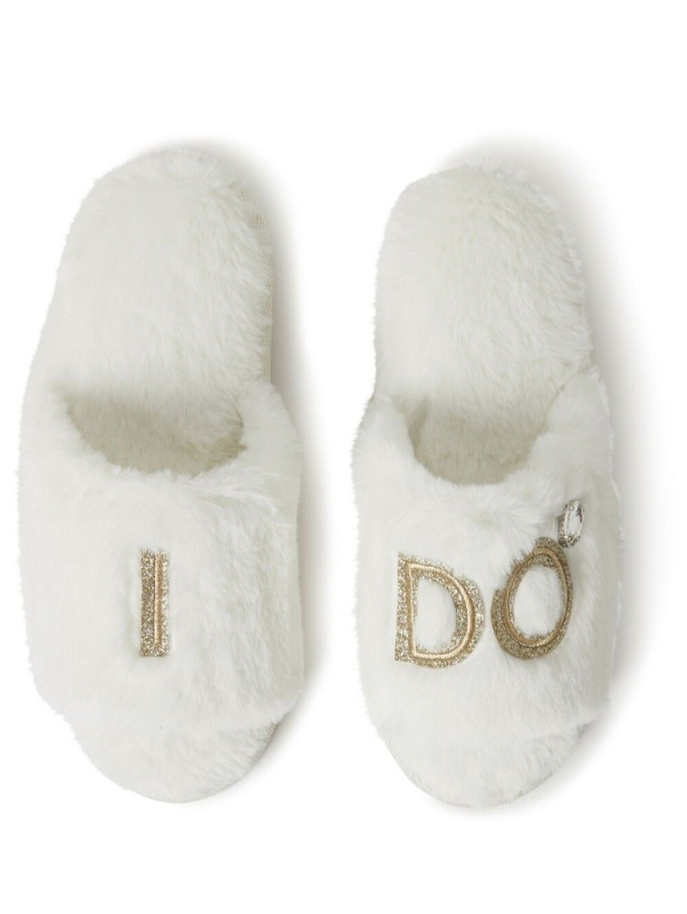 NWT Dearfoams White Fuzzy Slide Slippers W/ Gold Embellishment & Jewel Size 7-8